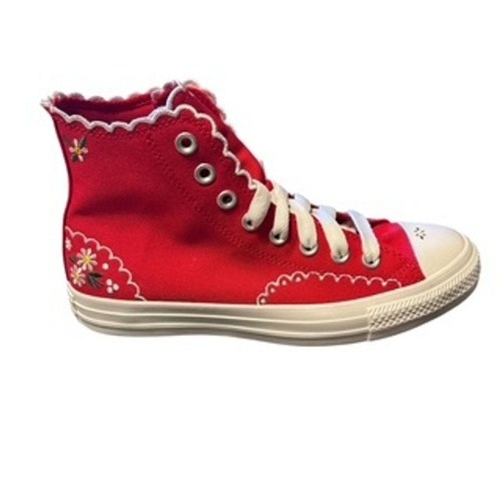 Converse All Star‎ High Top Red Sneakers Scalloped Floral Embroidered New 8.5